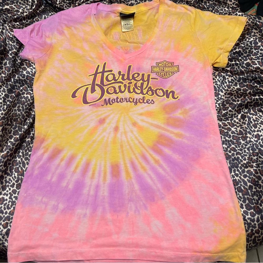 Y2k Harley Davidson Motorcycles Tie-Dye V-neck T-shirt - Picture 5 of 10